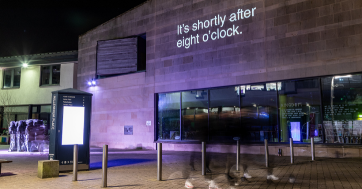 View of Lumiere Artwork Helevetictoc in Millennium Place Durham City.